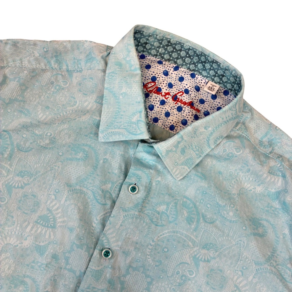 Robert Graham Button Down Men 2XL Light Blue Paisley Jacquard Short Sleeve Shirt